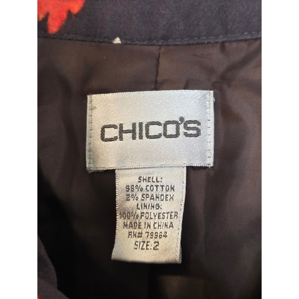 Chicos Floral Oriental Print Zip Jacket Size 12 Large Brown Cotton Stretch Mock - Picture 2 of 3